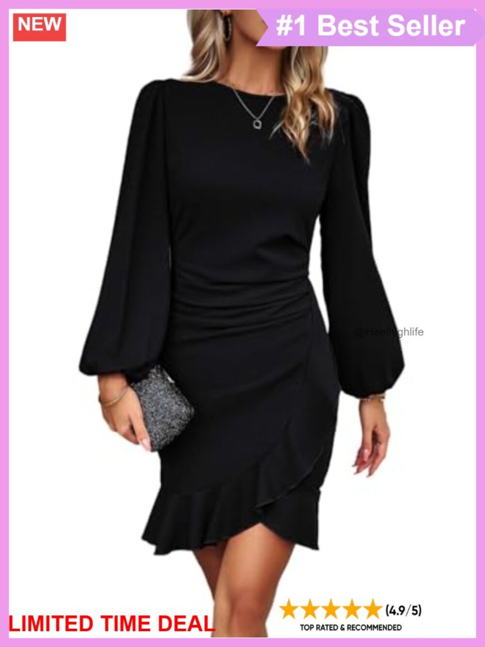 Women's Ruched Bodycon Mini Dress Lantern Long Sleeve Ruffle Hem Cocktail